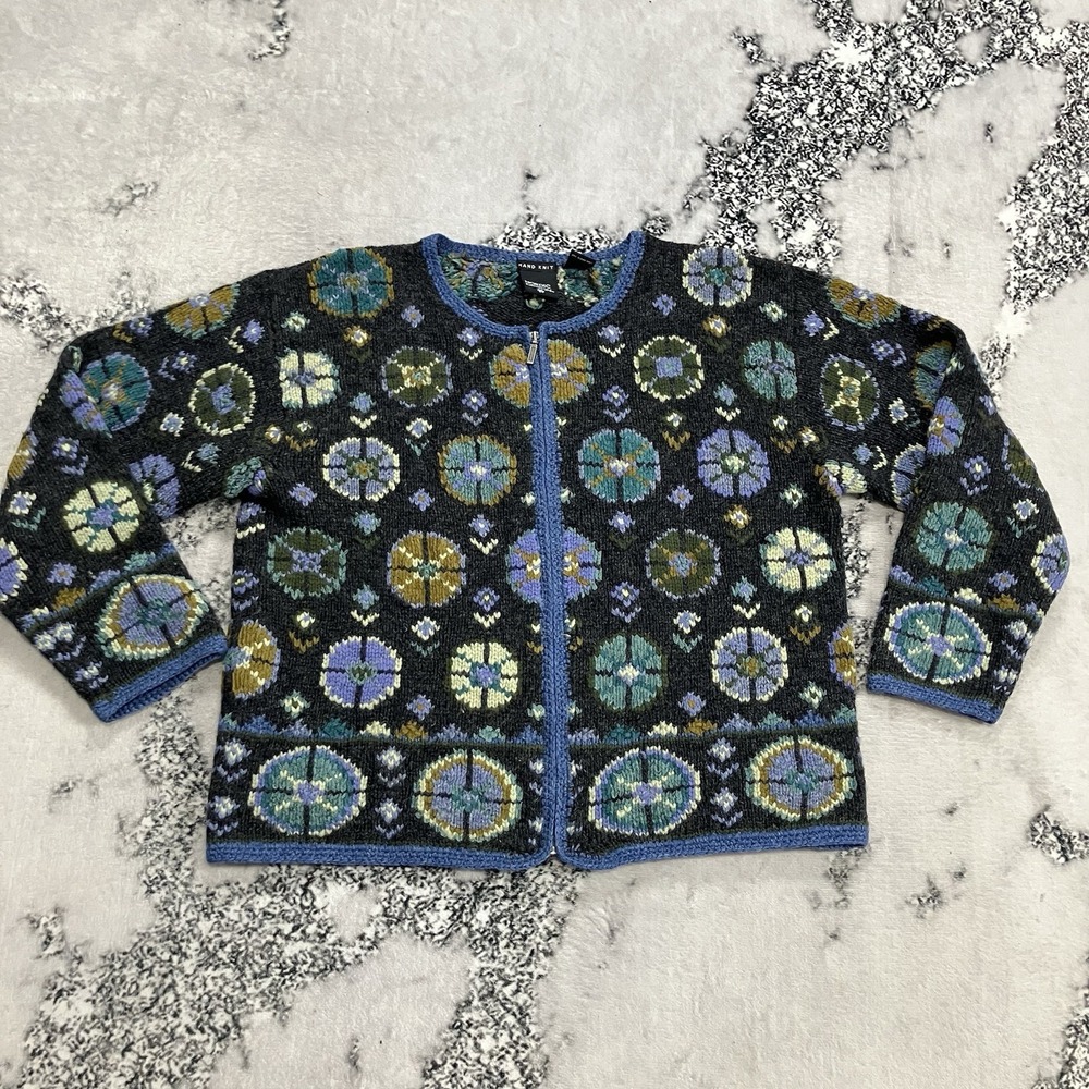 Nordic Design Hand Knit Wool Cardigan Sweater Blue Multicolor Zip Size L